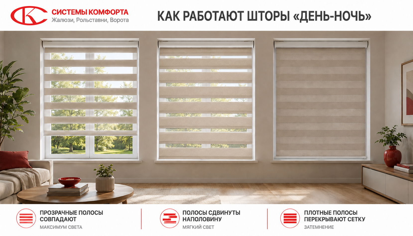 Режимы регулировки света рулонных штор день-ночь (Зебра)